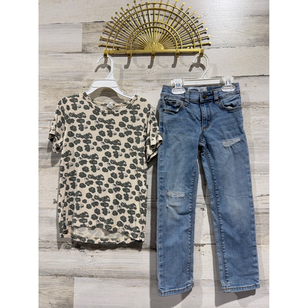 Kate Quinn Old Navy Outfit 5T Blue Tan Bamboo Distressed Skinny EUC